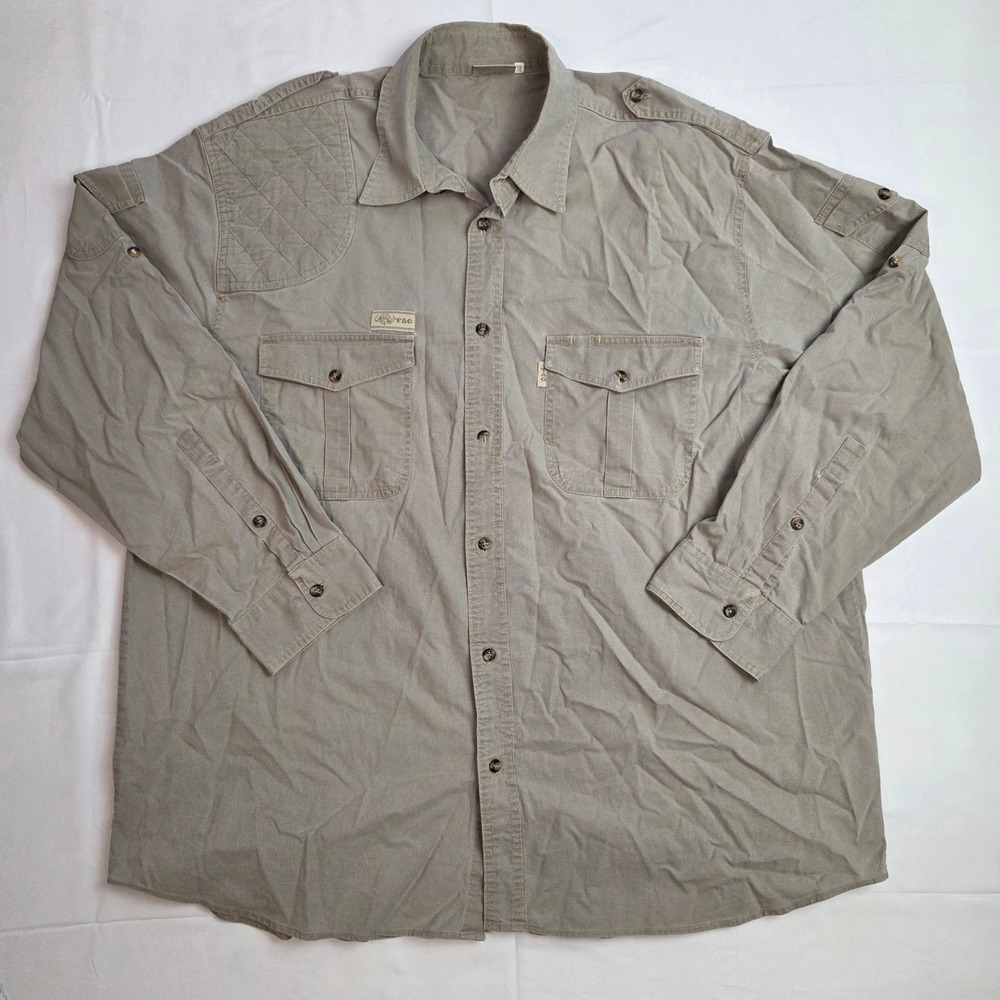 TAG Safari Shirt Mens XL Khaki Good Shooting Patch Travel Hunting Long Sleeve